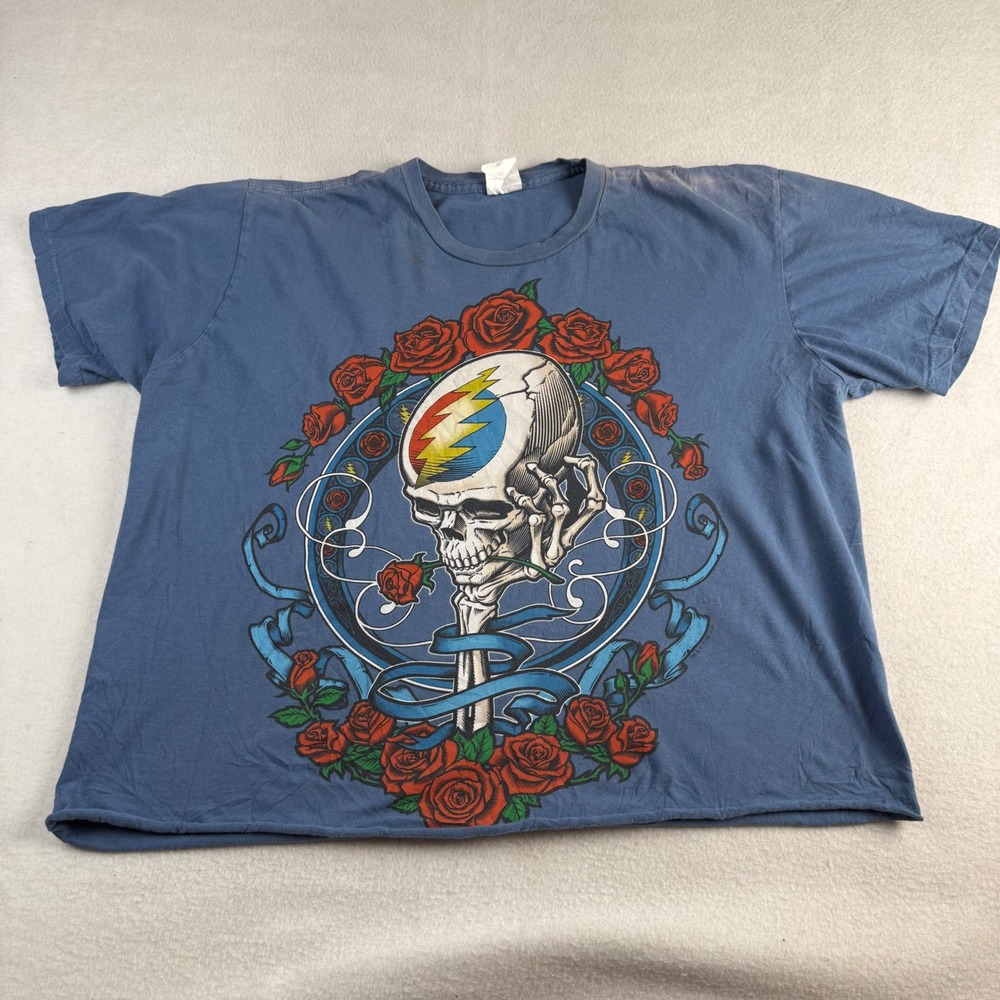 Grateful Dead Steal Your Face Roses Graphic T-Shirt Blue Cropped XL